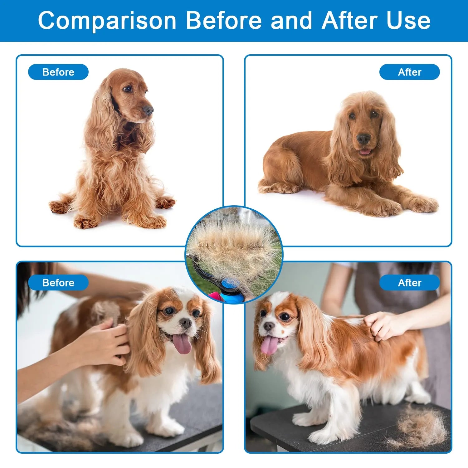 Arenzza professional deshedding tool for dogs and cats, showing a sleek pet grooming brush with stainless steel blades.