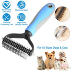 Arenzza professional deshedding tool for dogs and cats, showing a pet grooming brush with stainless steel teeth on a grooming table.