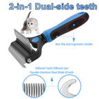 Arenzza professional deshedding tool for dogs and cats, shown in use on pet fur, highlighting its ergonomic design and shedding removal features.