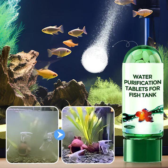 Arenzza aquarium water purification tablet for pet fish, shown in a clear container with water, designed to keep aquarium clean and healthy.