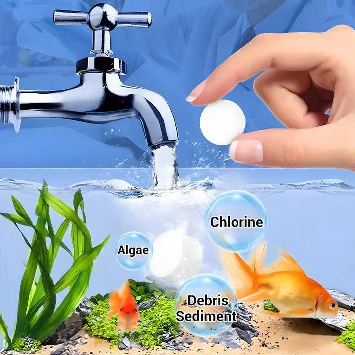 Arenzza aquarium water purification tablet for pet tanks, shown in a container with water droplets and packaging.