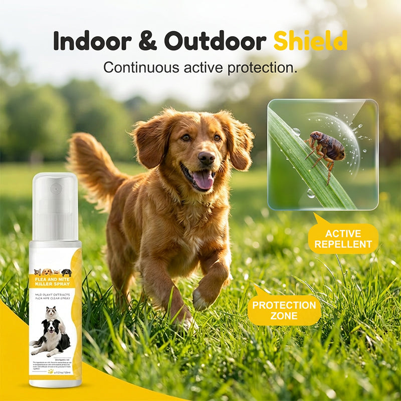 Arenzza pet pest repellent spray bottle with a green label, designed for pets, featuring mild formula and pest protection imagery.