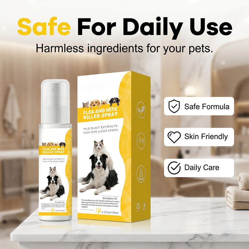 Arenzza pet pest repellent spray bottle with a mild formula, designed for pet safety and pest control, in a clean setting.