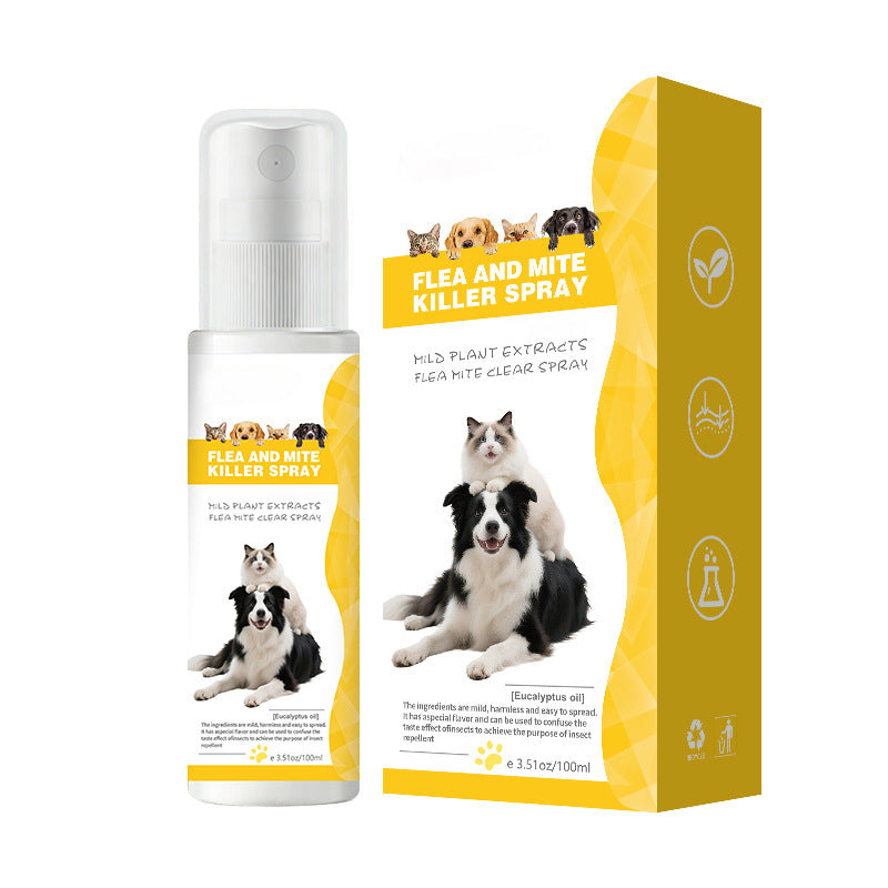 Arenzza pet pest repellent spray bottle with a mild formula, suitable for pets, featuring a spray nozzle and label.