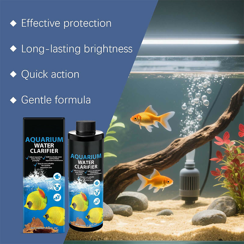 Arenzza Easy-Use Water Clarifier for fish tanks, clear liquid in a bottle, used for aquarium maintenance and water clarity.