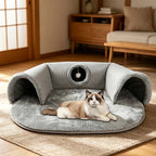Arenzza plush 2-in-1 cat tunnel bed with soft fabric and cozy hideaway for cats to play and rest comfortably.