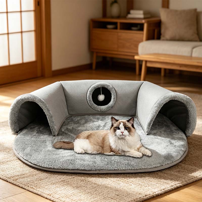 Arenzza plush 2-in-1 cat tunnel bed with soft fabric and cozy hideaway for cats to play and rest comfortably.