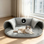 Arenzza plush 2-in-1 cat tunnel bed showing a soft, cozy tunnel with a spacious opening for cats to rest and play.