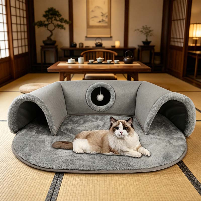 Arenzza plush 2-in-1 cat tunnel bed with soft fabric, featuring a tunnel and cozy sleeping area for cats.