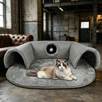 Arenzza plush 2-in-1 cat tunnel bed shown with soft fabric and tunnel design, perfect for cozy feline comfort and play.