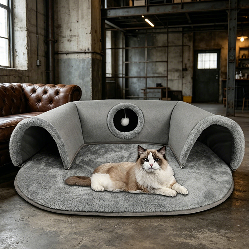 Arenzza plush 2-in-1 cat tunnel bed shown with soft fabric and tunnel design, perfect for cozy feline comfort and play.