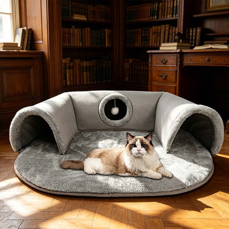 Arenzza plush 2-in-1 cat tunnel bed with soft fabric and tunnel design, perfect for cozy pet lounging and play.