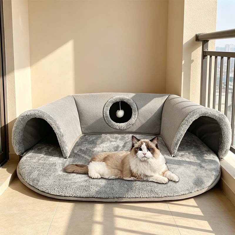 Arenzza plush 2-in-1 cat tunnel bed, soft and cozy pet supplies with tunnel and bed features for cats.