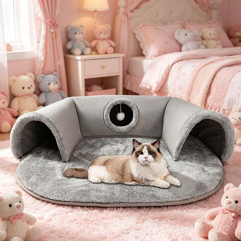 Arenzza plush 2-in-1 cat tunnel bed in soft fabric, featuring a tunnel and cozy resting area for cats.