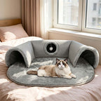 Arenzza plush 2-in-1 cat tunnel bed with cozy tunnel and bed in soft fabric, designed for cats to rest and play.