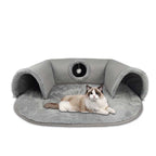 Arenzza plush 2-in-1 cat tunnel bed with soft fabric and tunnel design for cozy pet relaxation and play.