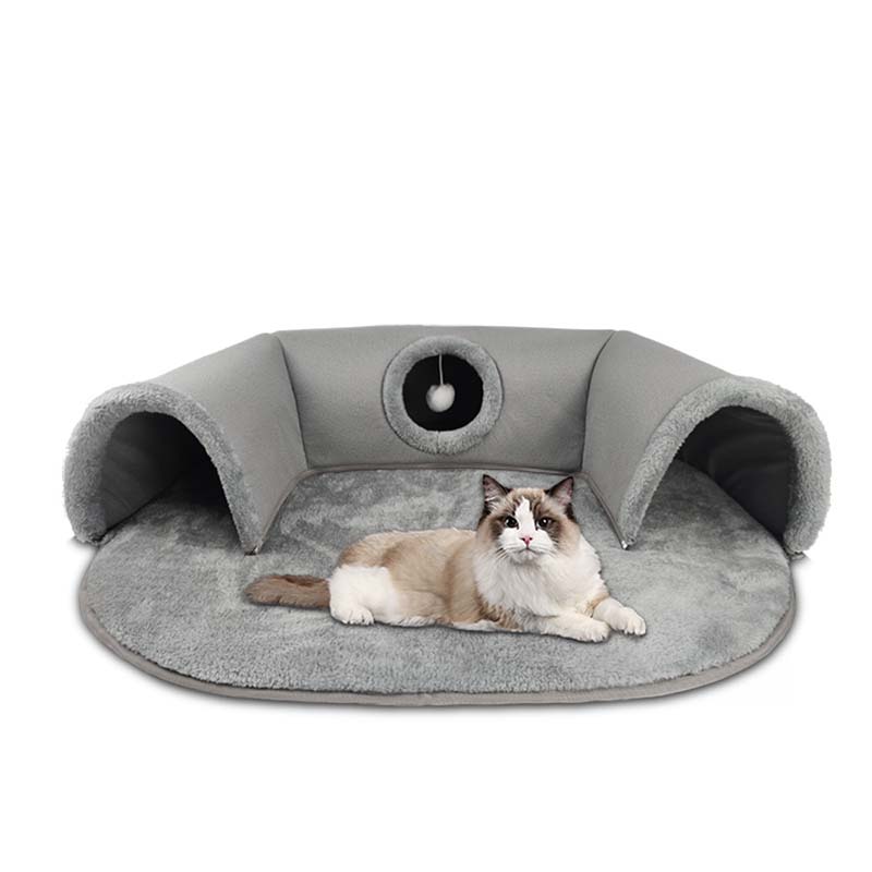Arenzza plush 2-in-1 cat tunnel bed with soft fabric and tunnel design for cozy pet relaxation and play.
