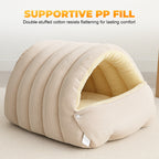 A cozy plush pet cave by Arenzza, designed for small pets, featuring soft, warm interior and a comfortable hideaway.