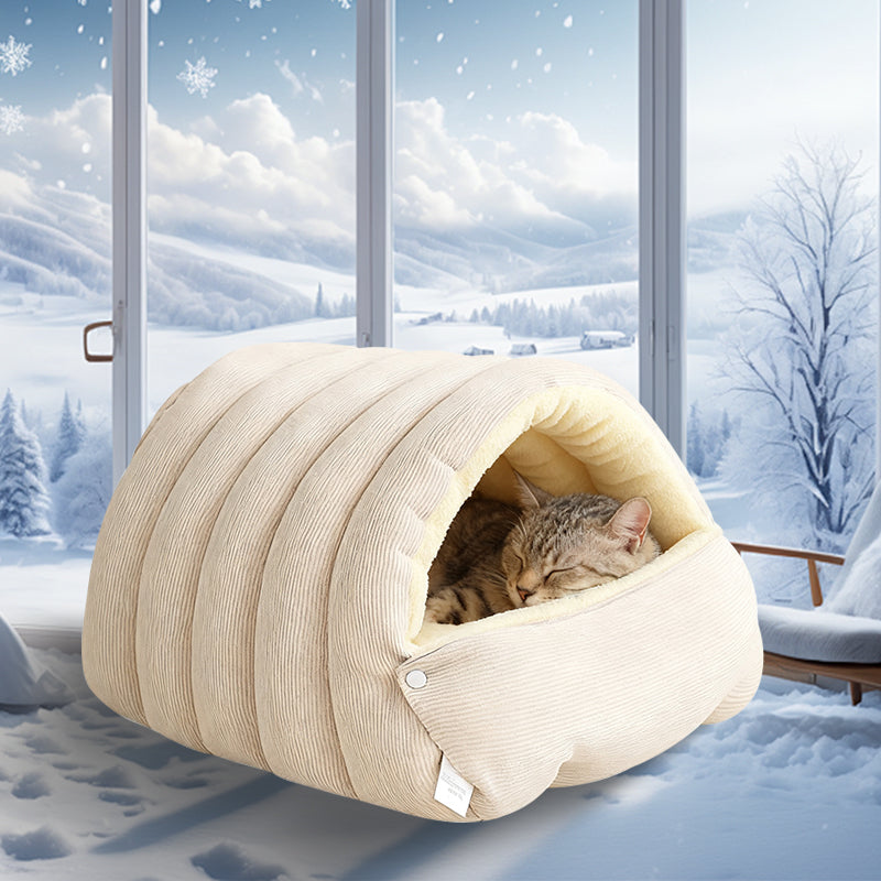 A plush pet cave from Arenzza with cozy, warm interior and soft fabric, designed for small pets to rest comfortably.
