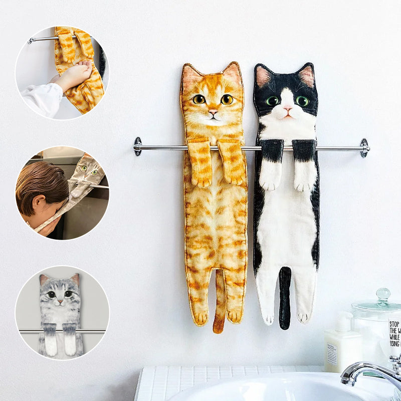 Arenzza cute cat hand towel with paw print design, ideal for pet supplies, featuring a soft fabric and playful feline imagery.