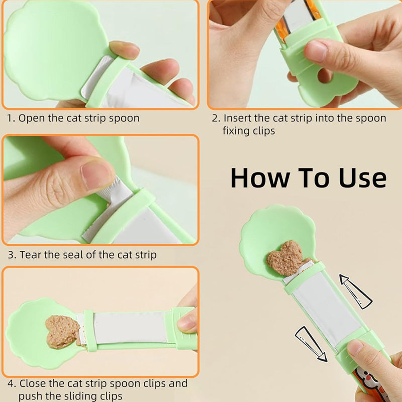 Arenzza Cat Treat Squeeze Feeder Spoon for pet supplies, showing a close-up of the soft silicone spoon used for feeding treats to cats.