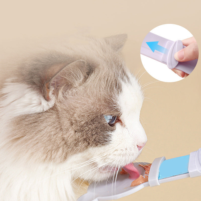 Arenzza Cat Treat Squeeze Feeder Spoon in clear plastic, designed for easy feeding and treats for pets.