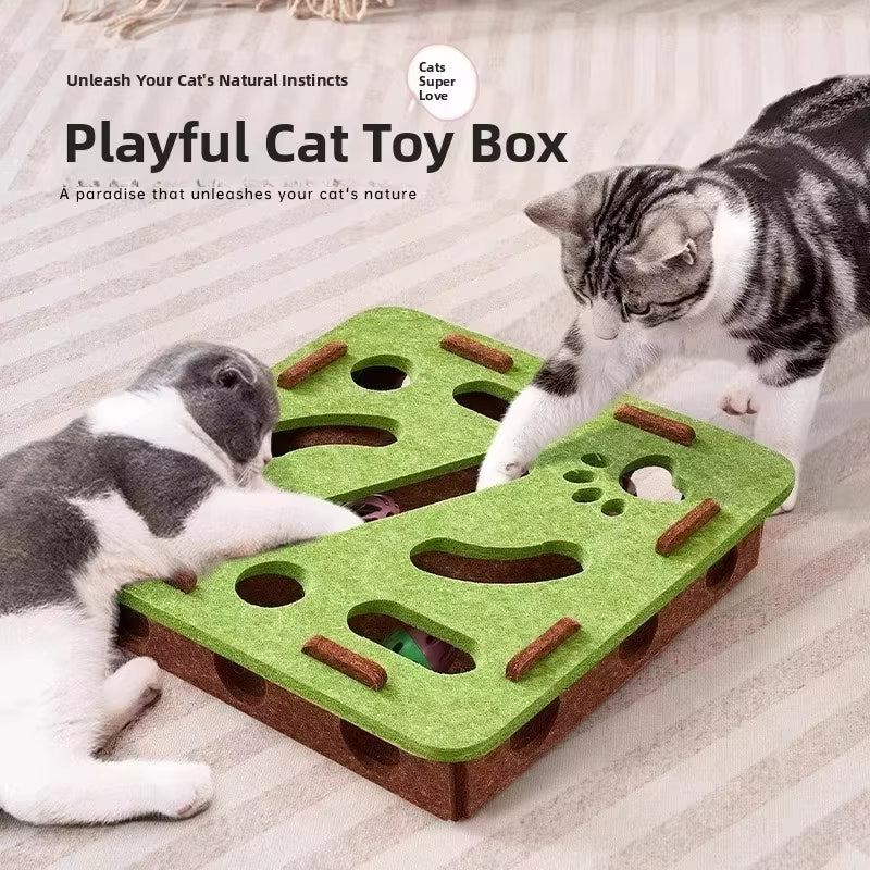 Arenzza Interactive Felt Maze Toy for Cats with colorful felt paths and playful cat engaging with the maze on a white background.