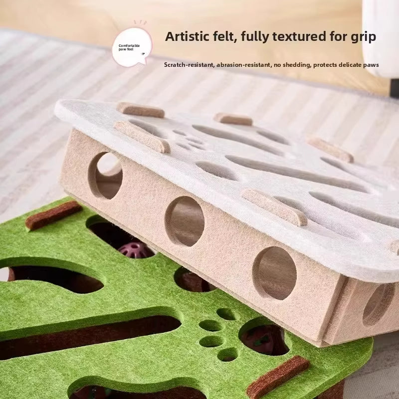 Arenzza interactive felt maze toy for cats with colorful paths and balls for stimulating feline play and mental engagement.