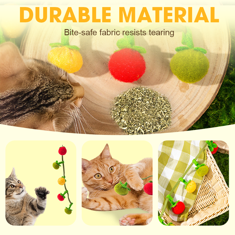 Colorful fruit-shaped catnip toy string by Arenzza, designed for cats to play and chase, made of soft, interactive pet supplies.