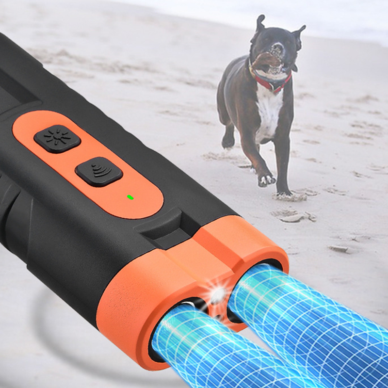 Arenzza ultrasonic dog bark deterrent device shown in use, designed for humane silent training to reduce excessive barking.