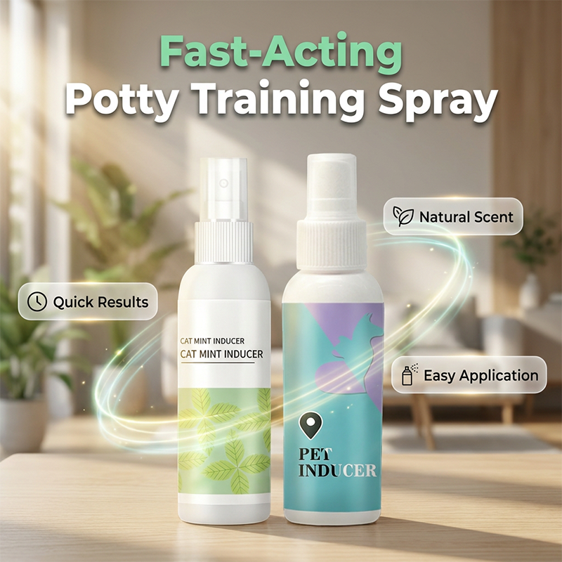 Arenzza pet potty training spray bottle for dogs, with a label showing instructions and product features on a clean background.