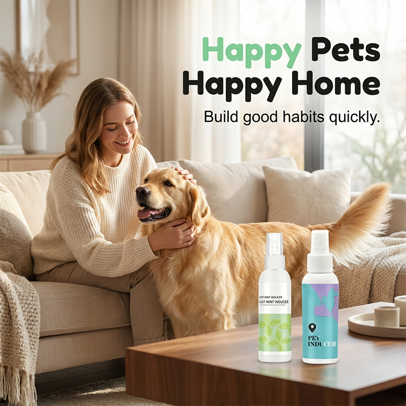 Arenzza pet potty training spray bottle for dogs, with a spray nozzle and label showing product details and branding.