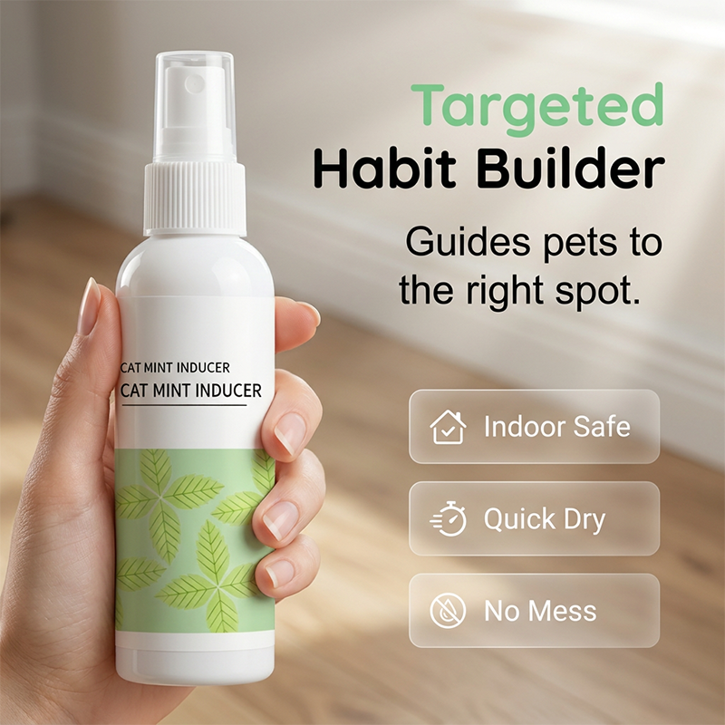 Arenzza pet potty training spray bottle for dogs, used to encourage indoor potty habits, with a white spray nozzle and label.