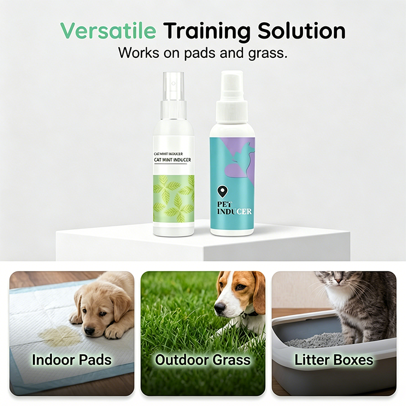 Arenzza Pet Potty Training Spray for dogs, 50% off, with a spray bottle and pet training accessories in a home setting.