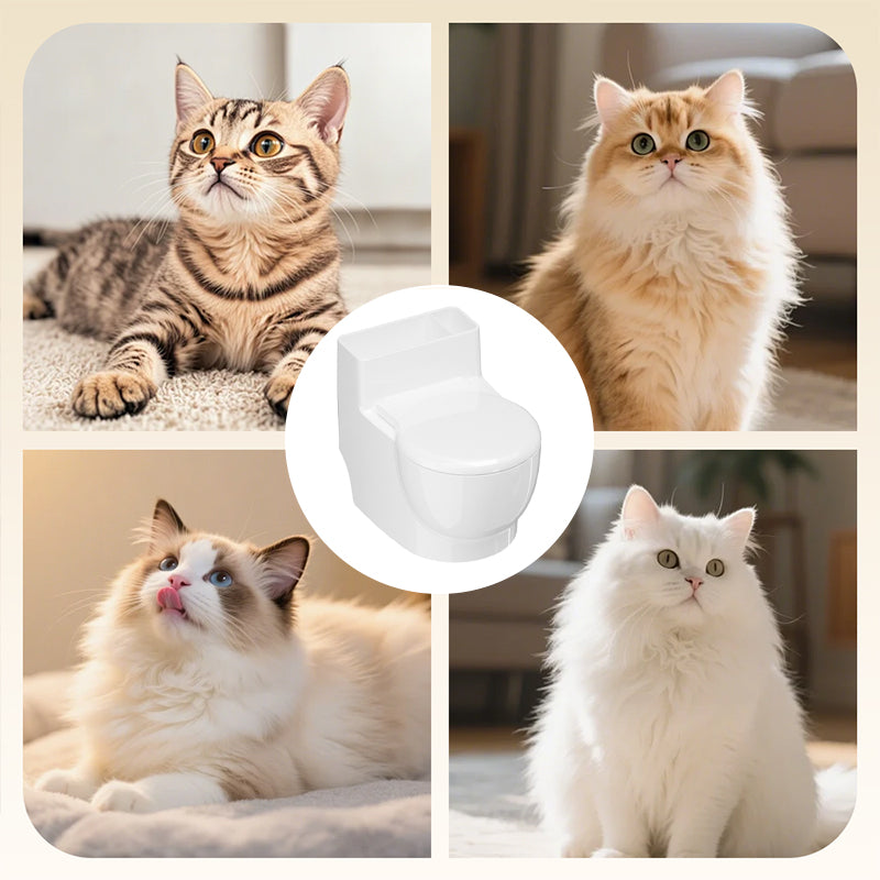 Aarenza wall-mounted cat bowl shaped like a toilet, made of durable pet supplies material, mounted on a bathroom wall.