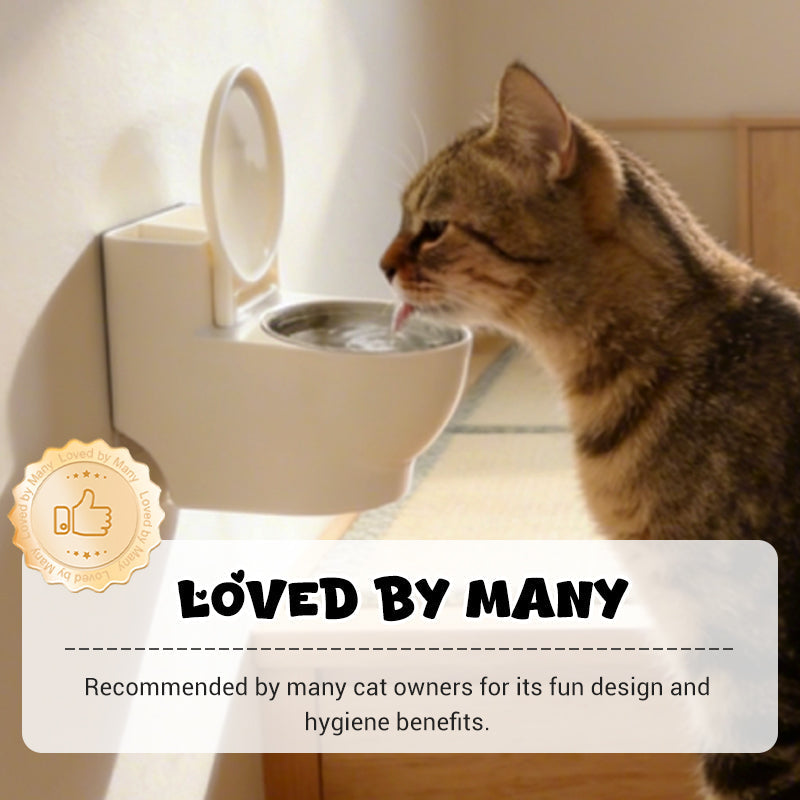 Wall-mounted cat bowl shaped like a toilet, made of ceramic, with a white finish, designed by Arenzza for pet supplies.
