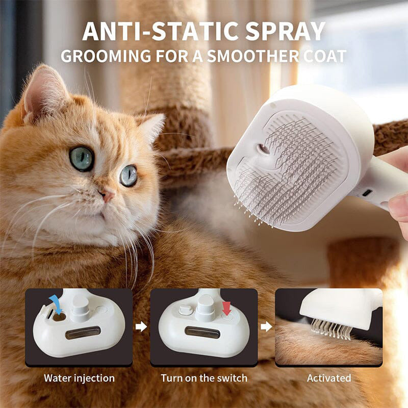 Arenzza spray cat brush with ergonomic handle and flexible bristles for gentle pet grooming, shown in use.