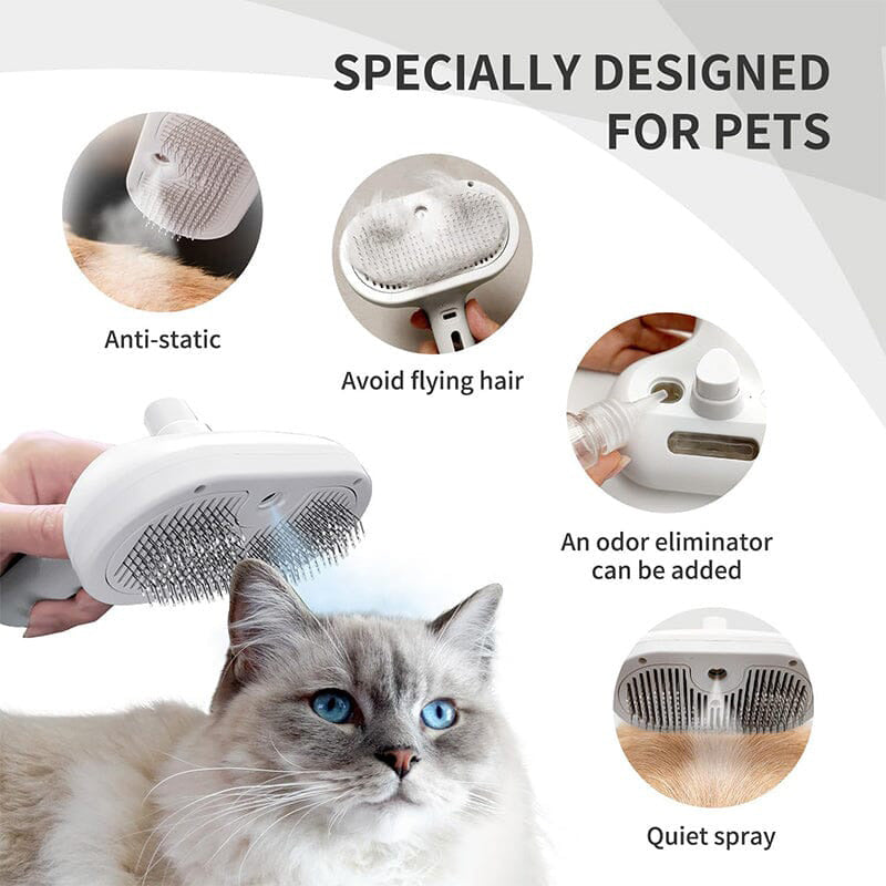 Arenzza spray cat brush for pet grooming, showing a handheld pet brush with soft bristles on a clean background.