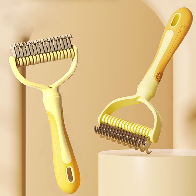Arenzza dual-sided pet grooming rake with ergonomic handle, designed for grooming dogs and cats, shown on a white background.