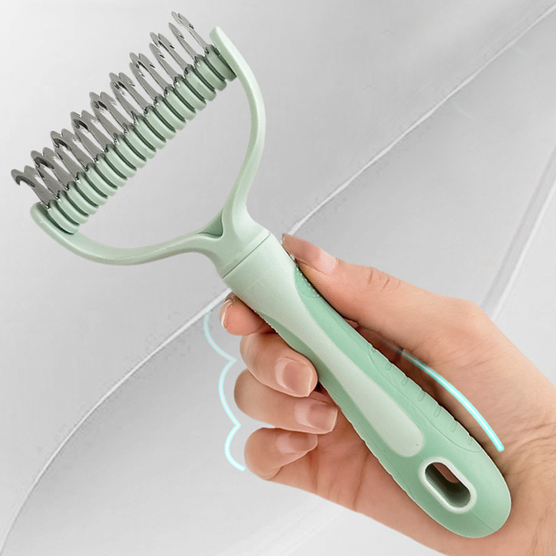 Arenzza dual-sided pet grooming rake with ergonomic handle, designed for shedding and grooming dogs and cats effectively.