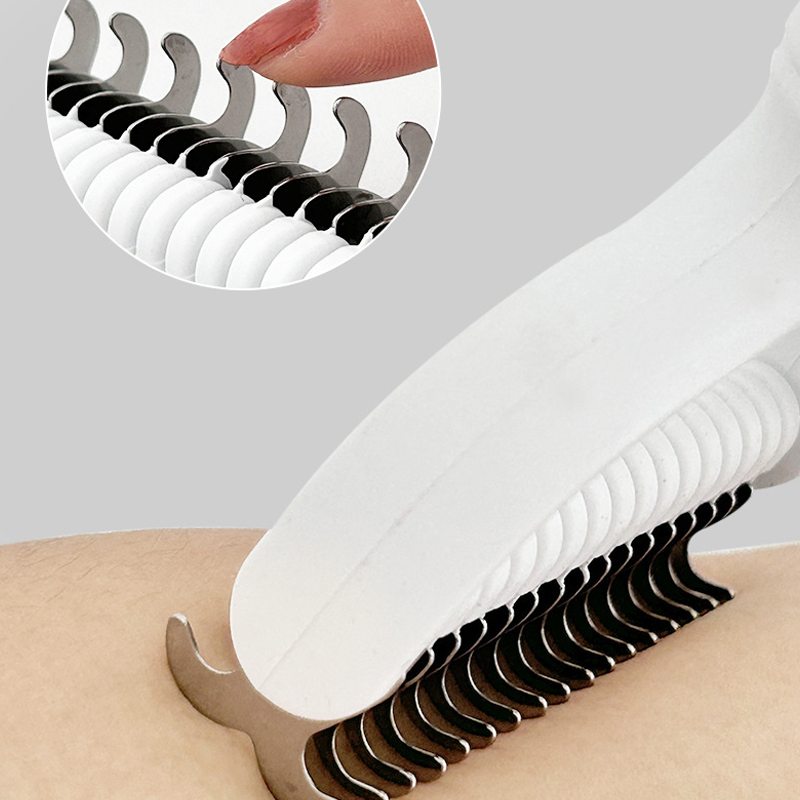 Arenzza dual-sided pet grooming rake with ergonomic handle, designed for gentle fur detangling and reducing mess during grooming.