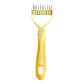 Arenzza dual-sided pet grooming rake with ergonomic handle, designed for gentle brushing and reducing mess during pet grooming.