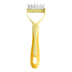 Arenzza dual-sided pet grooming rake with ergonomic handle, designed for gentle brushing and reducing mess during pet grooming.