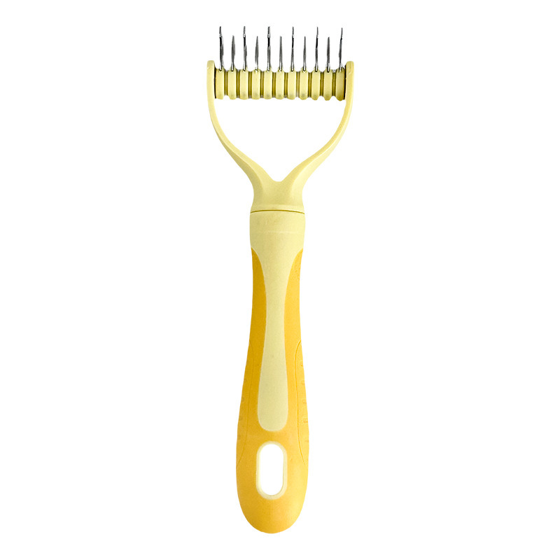Arenzza dual-sided pet grooming rake with ergonomic handle, designed for gentle brushing and reducing mess during pet grooming.