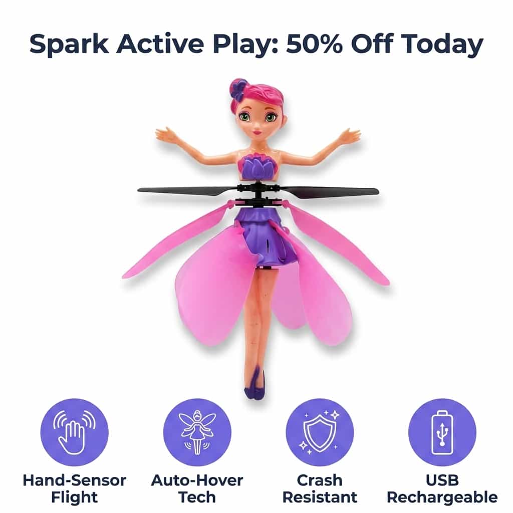 Interactive Flying Fairy Toy by Arenzza with LED lights, featuring colorful fairy wings and a magical design for kids.
