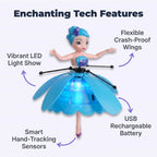 Interactive flying fairy toy by Arenzza with four benefit callouts, showcasing its magical features and vibrant colors.