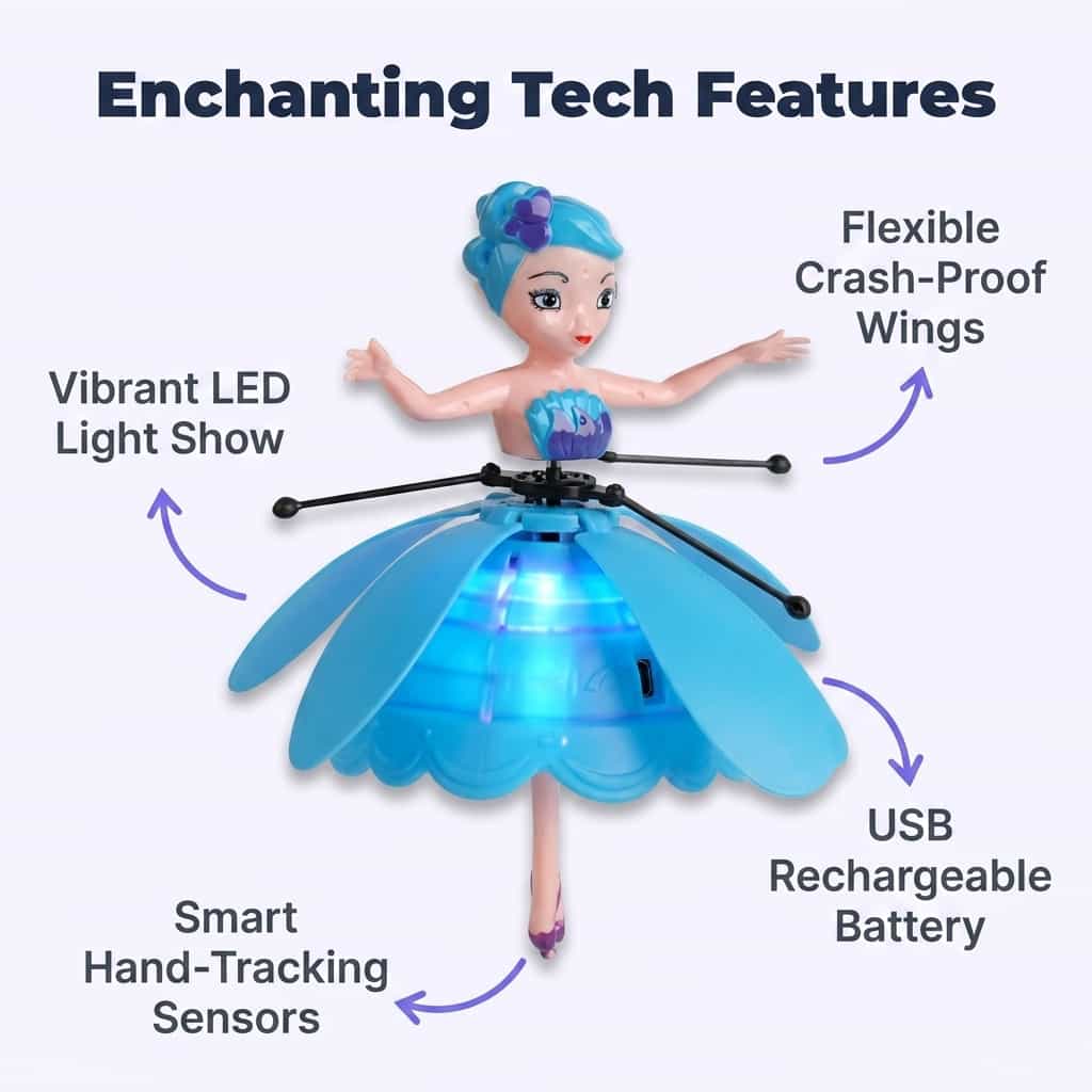 Interactive flying fairy toy by Arenzza with four benefit callouts, showcasing its magical features and vibrant colors.
