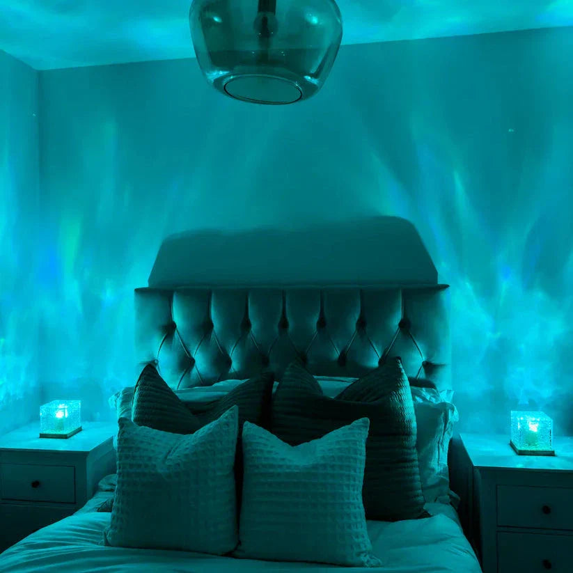 Northern Lights bedroom lamp by Arenzza, minimalist decor with soft glowing northern lights effect in a modern room setting.