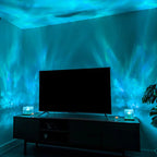 Aarenza Northern Lights bedroom lamp creating a minimalist room decor with soft, colorful light display on a modern bedside table.