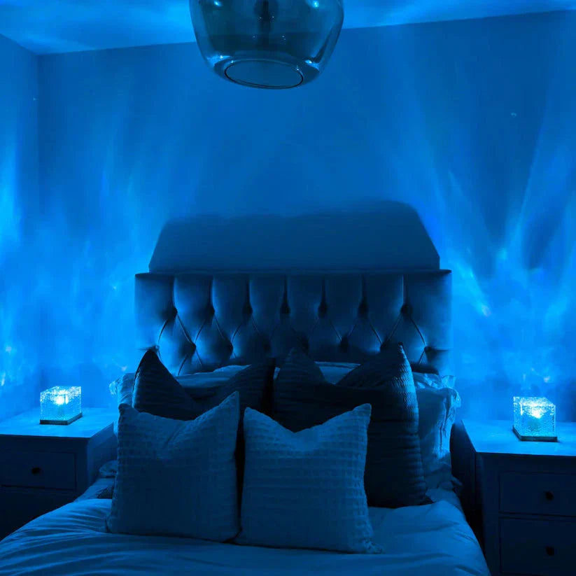 Aarenza Northern Lights bedroom lamp with minimalist design illuminating a cozy bedroom decor scene.